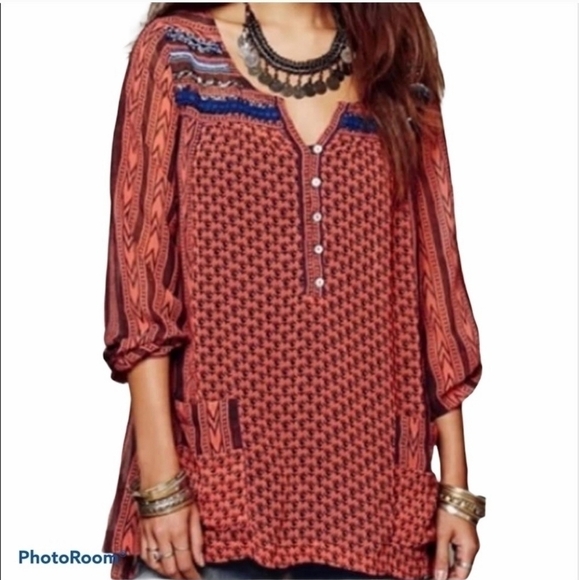 Free People Tops - Free People Bohemian Lagenlook Oversized Sheer Tunic Top Embellished Blouse
